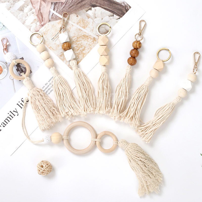 

Cotton Thread Wrapped Wood Bead Tassel Keychain for Women Boho Key Holder Keyring Macrame Bag Charm Car Hanging Jewelry Gift