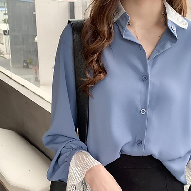 

womens blouses women long lantern sleeve chiffon shirt lace spliced turn down collar solid casual vintage plus size blouse, White