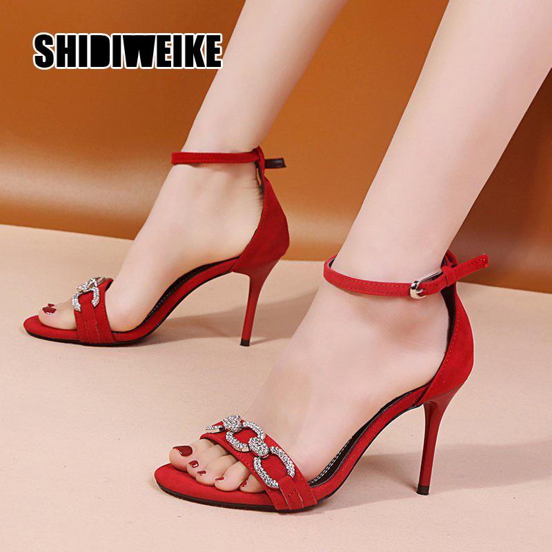 

2021 summer Gladiator Sandals Office High Heels Woman Buckle Strap Pumps Suede Open Toe Casual Women Shoes Red Black va798