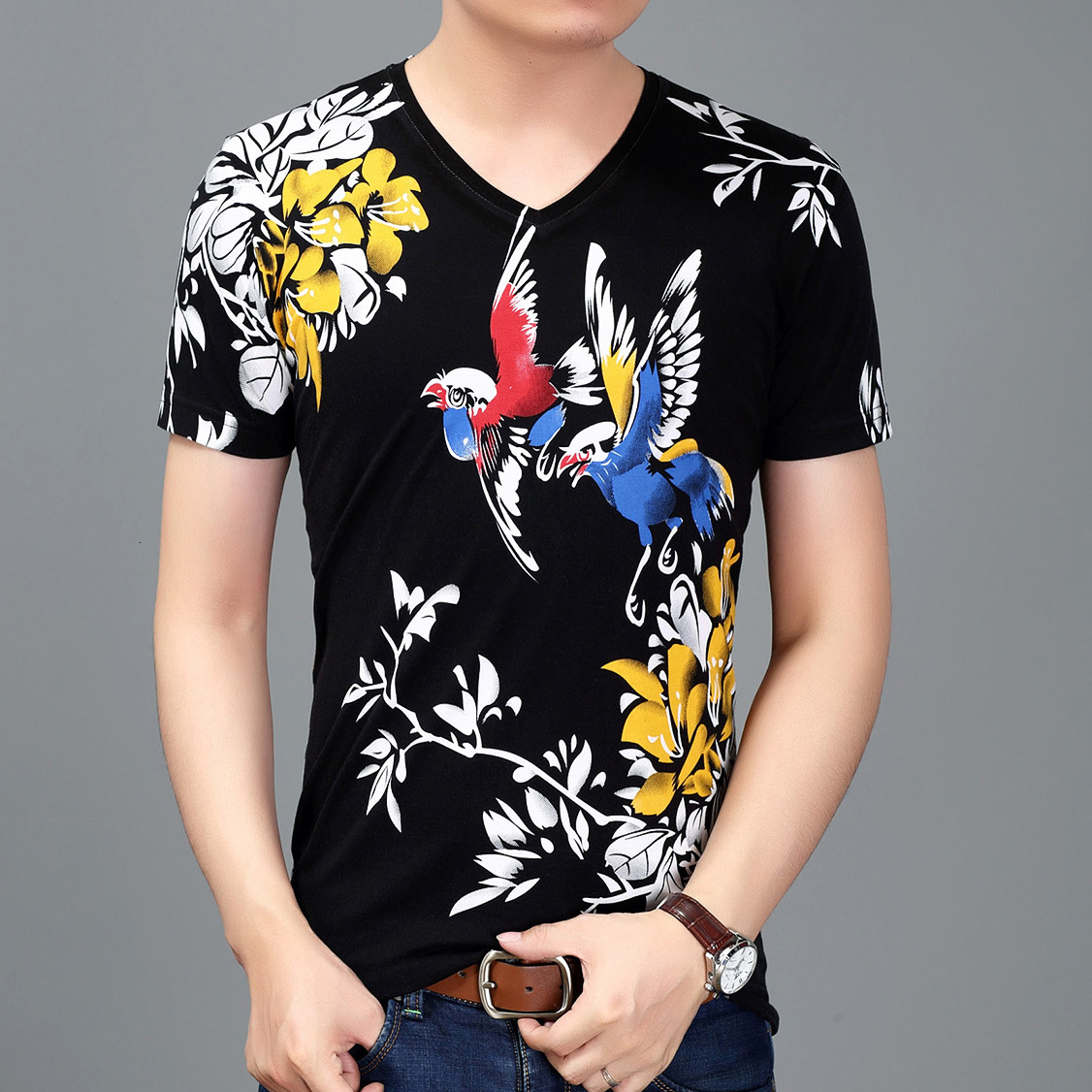 

New 2021 Spring Fashion Pullover for Flowers Bird Printed Tee Shirt Slim Fit Pull Homme Men Tshirt Chompas Stym, Black
