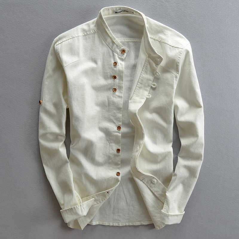 

Men Spring Autumn Fashion Japan Vintage Style Premium Linen Stand Collar Slim Fit Single Breasted Simple Design Casual Shirts 210721, White