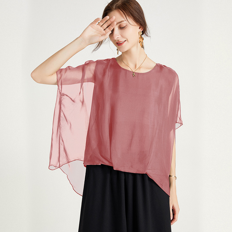 

8006# JRY New Summer Fashion Silk Blouses Women Round Collar Half Sleeve Tops Lady Solid Color Irregular Blouses Plus Size Pink/White/Green