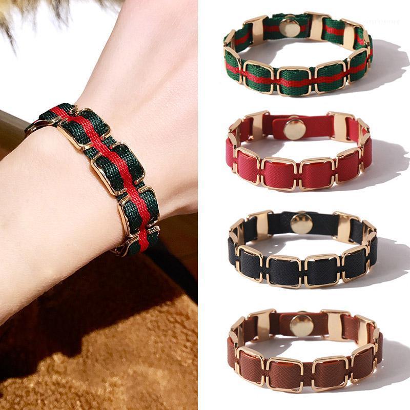 

Wholesale Top Quality Rose Gold Metal Button Charms Red Green Striped PU Leather Track Style Bracelet Bracelets For Women Bangle