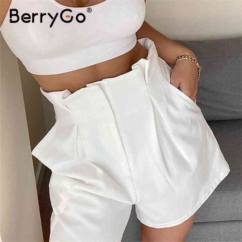 

BerryGo Ruffled zipper solid loose women shorts High waist streetwear white short Casual summer bottom femme street 210611
