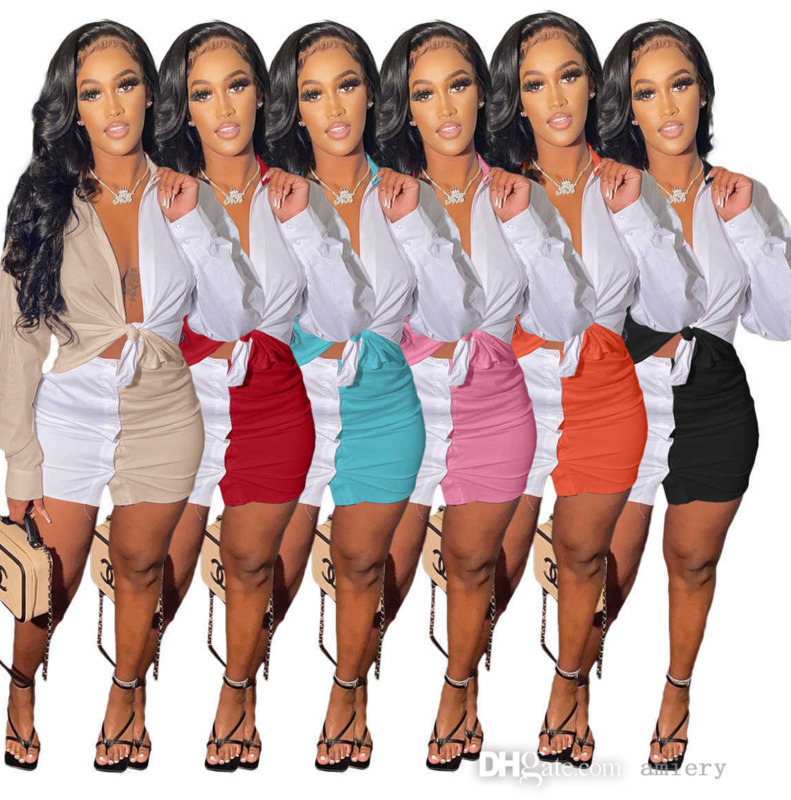 

Women Contrast 2 Piece Dress Set Designer Long Sleeve Shirt Spring Summer Clothing T-shirt Hollow Stitching Top Short Skirt S-XL, Orange