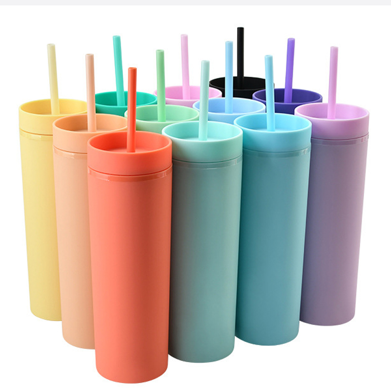 

16oz Acrylic Skinny Tumblers Matte Colors Double Wall 500ml Tumbler Coffee Drinking Plastic Sippy Cup With Lid Straws, Pink