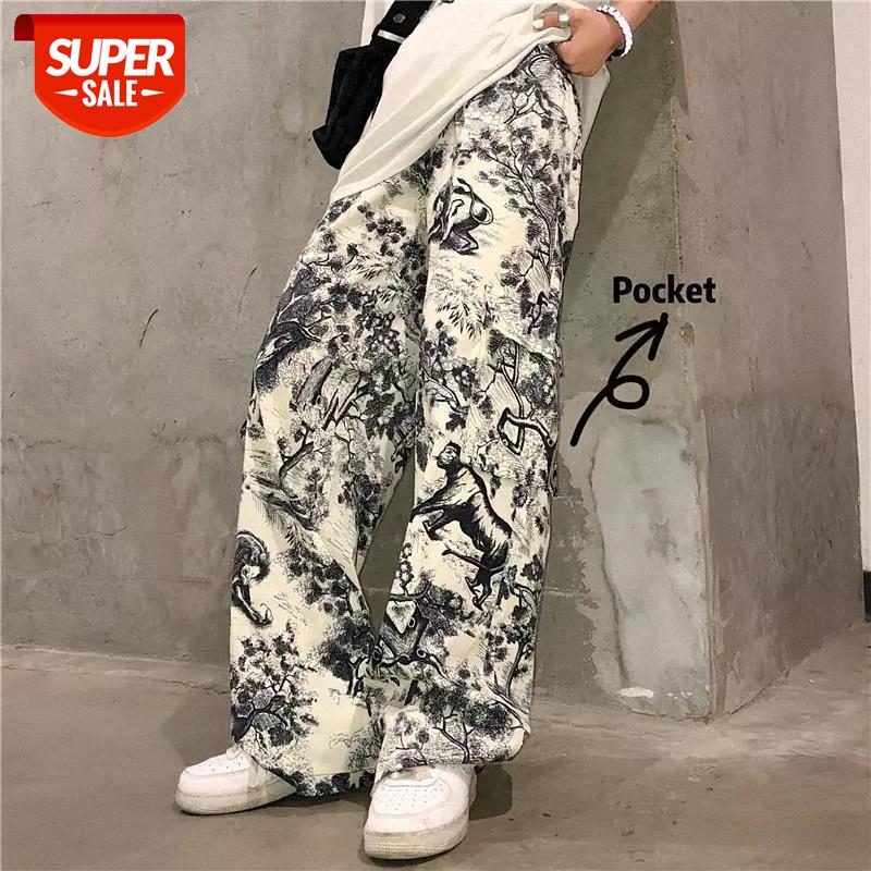 

pants women Korean Vintage ink painting pattern printed straight wide leg pants high waist trousers for men women ropa mujer #1K8o, Black;white