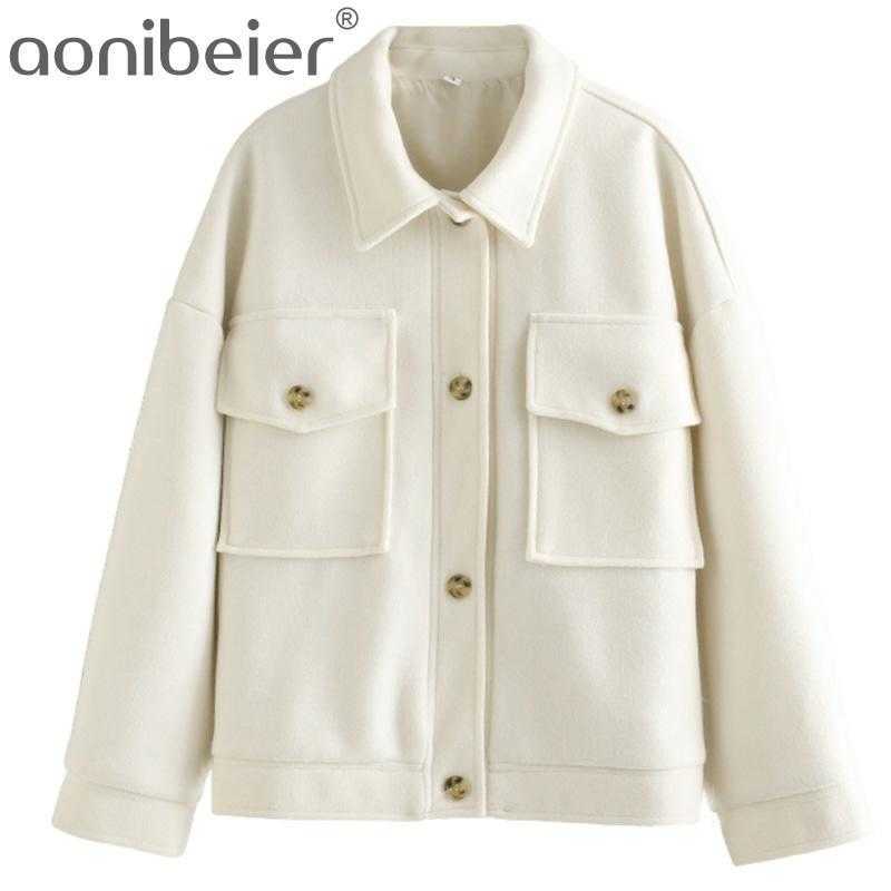 

Vintage Stylish Loose Beige Jacket Coat Women Fashion Lapel Collar Long Sleeve Winter Coats Chic Tops 210604, Cream