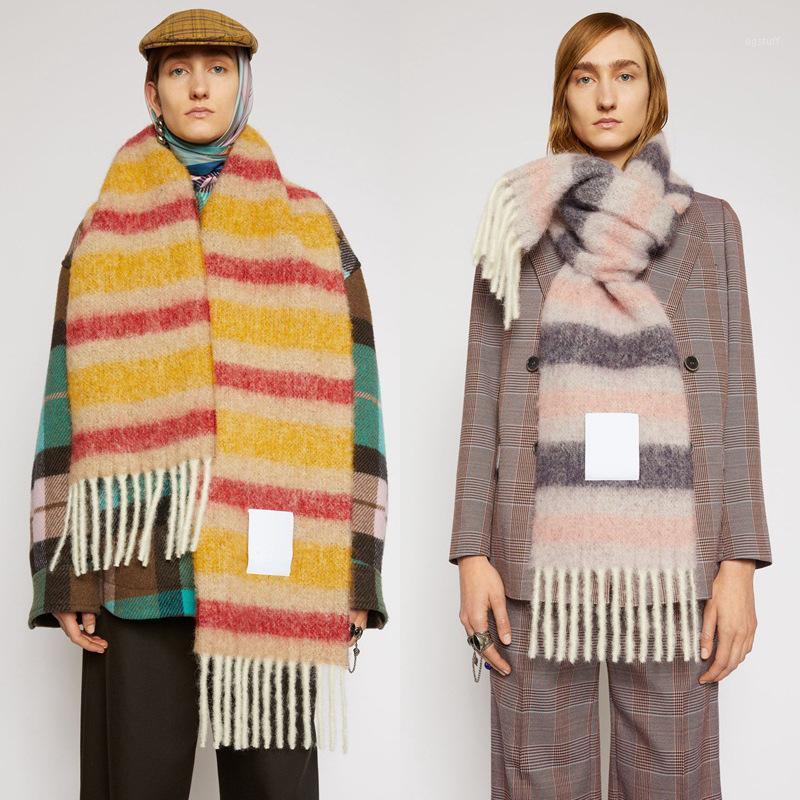 

Scarves 2021 AC Same Style Scarf Fall/Winter Cashmere Thick Beard Rainbow Color Double-sided Plaid Warm Thicken Shawl, Blue;gray