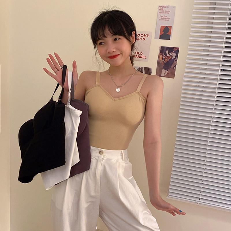

Women's Tanks & Camis 4Soild Colors Korean Style Camisole Women Sexy Elastic Tank Top Female Summer 2021 Sleeveless Crop Tops Womens (F6703), Beige