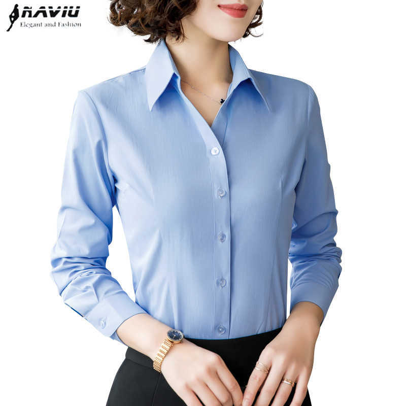 

Autumn Women Cotton Shirt Fashion Temperament Long Sleeve Slim Formal Blouse Office Ladies Work Tops White Blue 210604