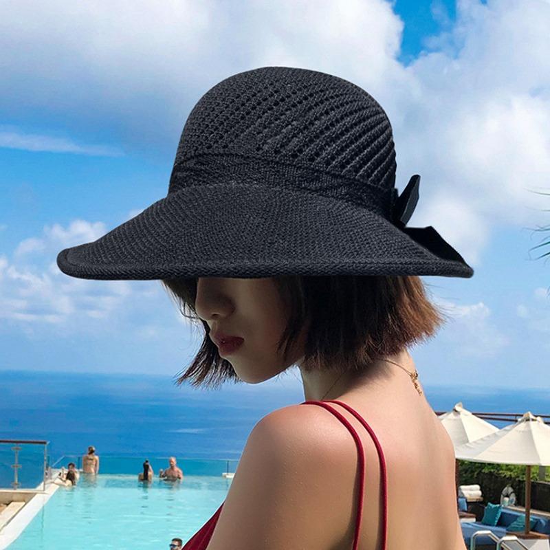 

Wide Brim Hats Panama 2021 Sun Visor Summer Straw Hat For Women In Beach Uv Protection Bowknot Foldable Casual Cap Female, Black