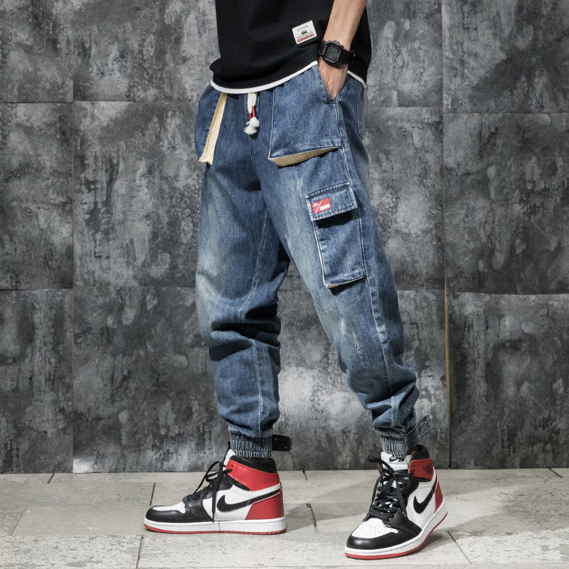 

2021 New Japanese Fashion Loose Fit Blue Color Multi Pockets Cargo Pants Slack Bottom Harem Streetwear Hip Hop Jeans Men 5evc