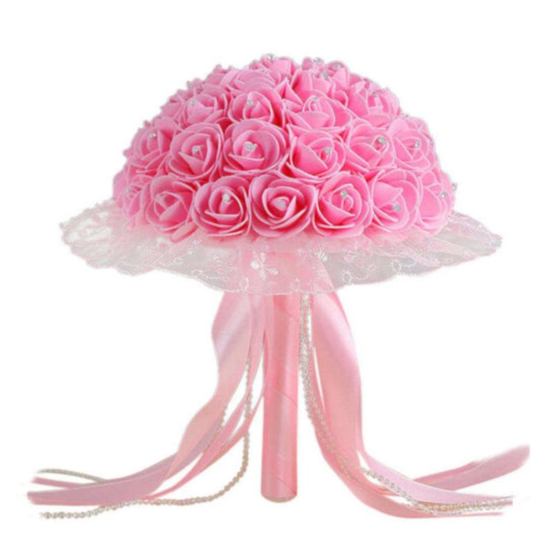 

Decorative Flowers & Wreaths Wedding Bouquet Bridal Artificial Rose Silk Flower With Ribbons Pearls Rhinestone Event Party Decor, Pink