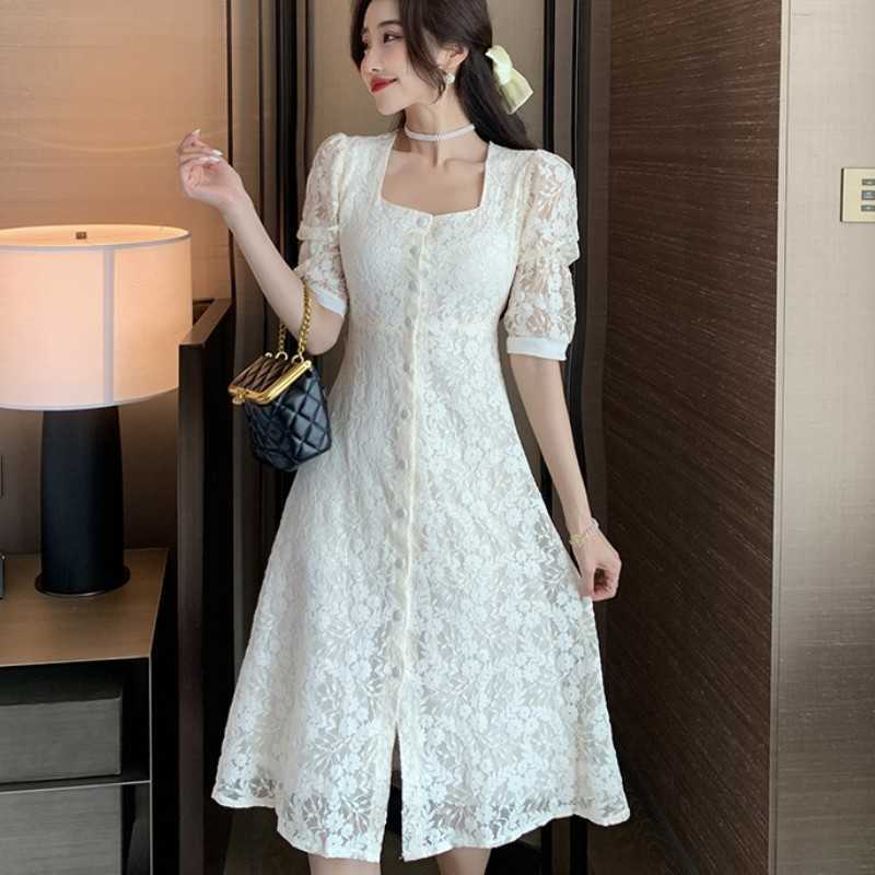

Summer Women Sweet Lace Elegant Square Collar Single Breasted Midi Dress Female Retro Casual A-Line Party Vestidos 210526, Photo color
