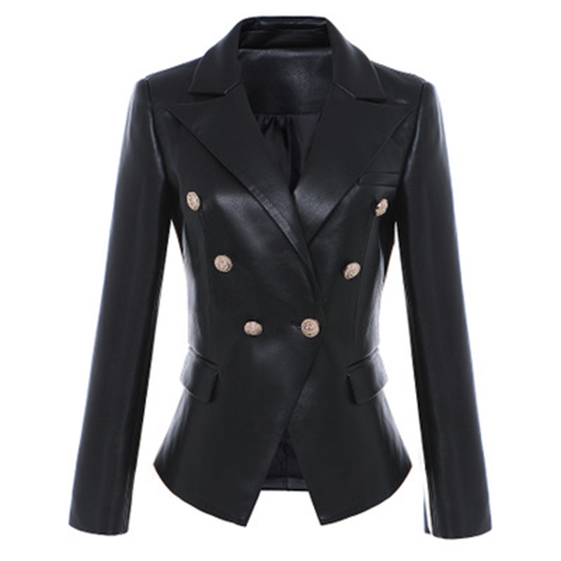 

High Quality New Designer Women Leather Blazers Lion Head Button Double Breasted Suit Jacket Female Slim Office Business Blazer Coat A289 BDQ0, Black