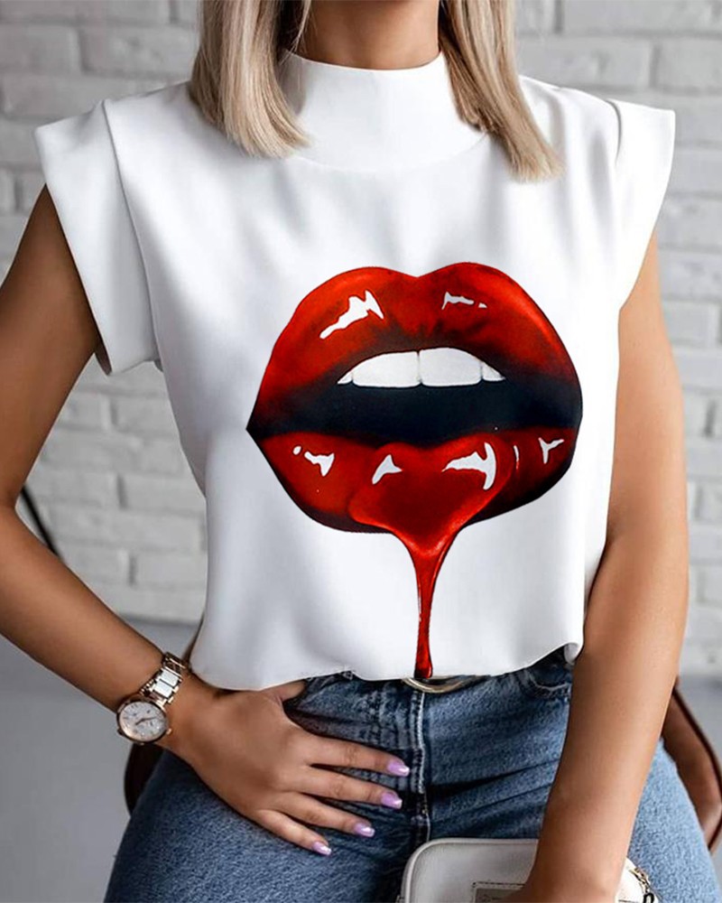 

2021 Sexy Womens Summer T shirts Stand Collar Lips printed Tops Tees Sleeveless Ladies Acetate Size S-2XL Women's T-Shirt expression Novelty, More buy more cheap