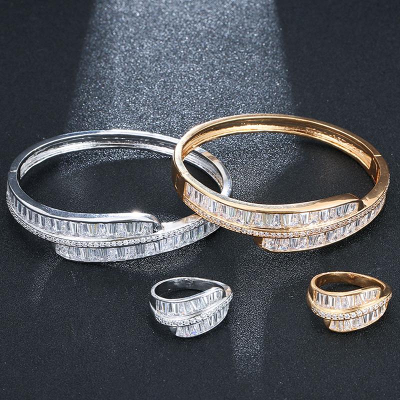 

Earrings & Necklace Elegant Ladies Bracelet Simple Personality Bangle With Sparkling Cubic Zirconia Ring Fashion Jewelry Set Gift For Women, Silver