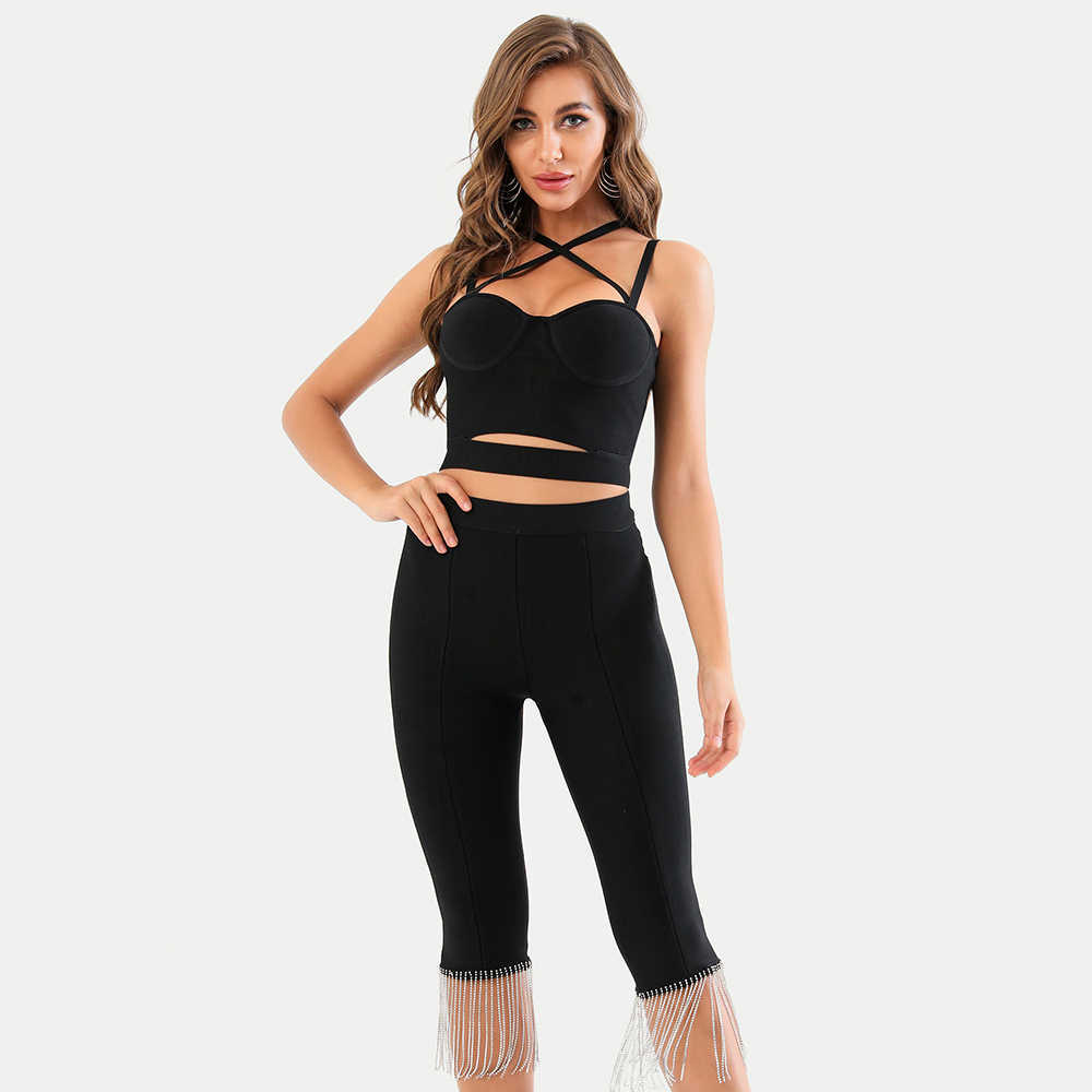 

Ocstrade Bandage Two Piece Set Women Sexy Spaghetti Strap Top and Tassel Calf-Length Pant Runway Clothes 210527, Gray