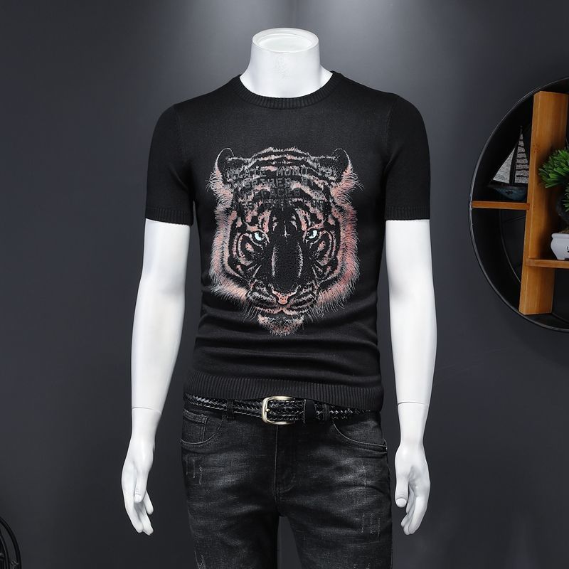 

2021 New Tiger Head Print Rhinestone Man Short Sleeve o Neck Social Club Outfits Casual T-shirt Streetwear Tee Top Brand Clothing 4aif, Black