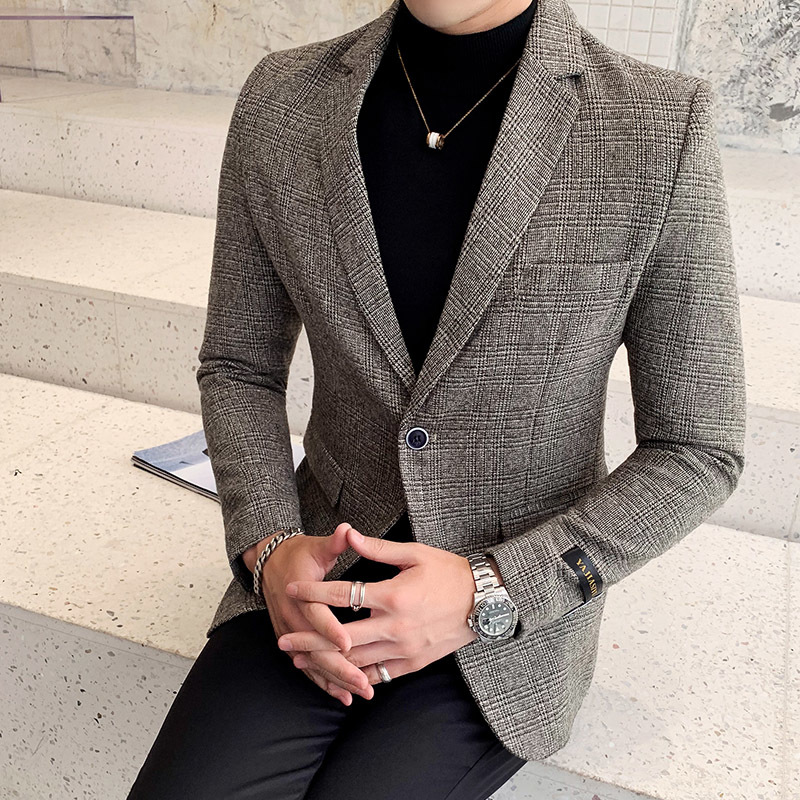 

2021 New Business Casual Blazers Grey Patchwork Men Slim Fit Stylish Plaid Homem Terno Masculino Blazer Homme Ajm8, Dark gray