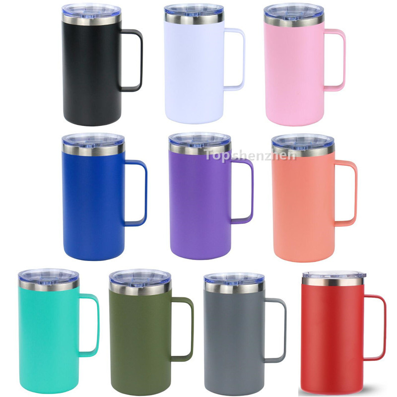 

24oz Coffee Mug Stainless Steel Ice Beer Cups Double Wall Vacuum Insulated Camping Travel Tumbler Cup With Handle & Closed Spill Proof Lids, As pic show