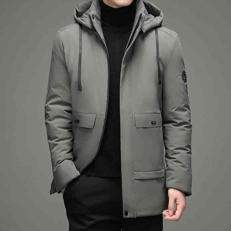 

winter new men's medium long hooded cloth fashion trendy leisure middle-aged and young people thick cotton padded, Black