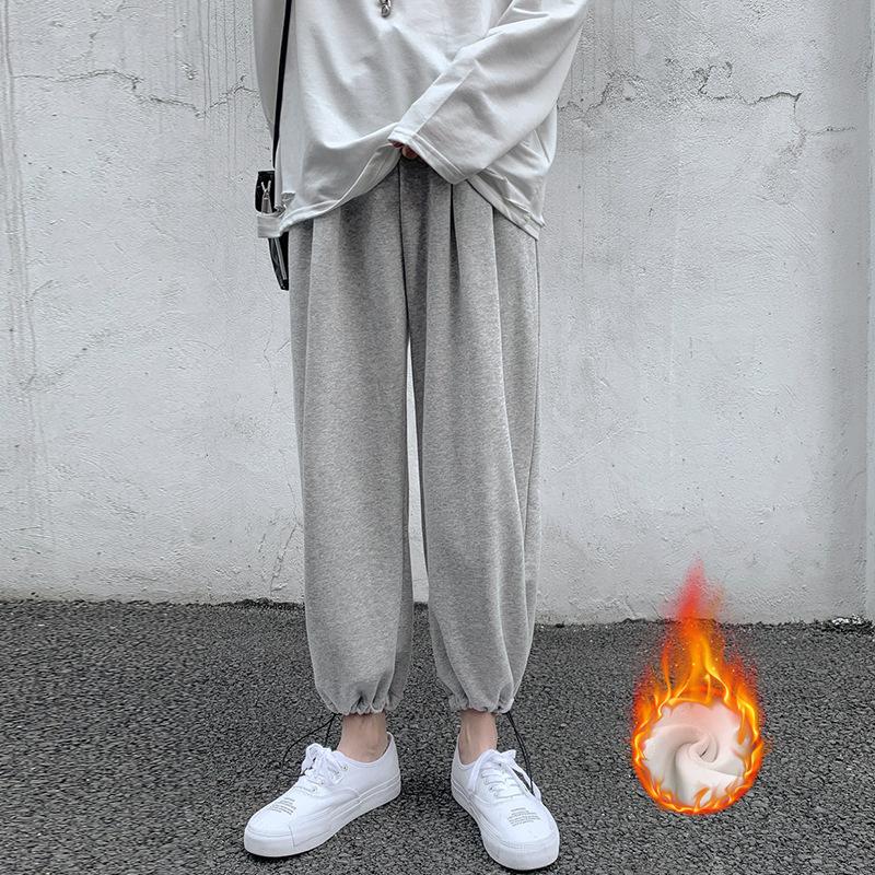 

Men's Pants 2021 Trousers Plush Thickened Guard Ins Hong Kong Style Trend Solid Color Loose Sports Casual Wear, Black