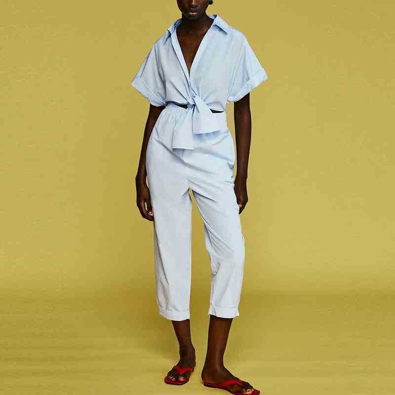 

Casual Women Summer Hollow Out Cargo Jumpsuits Turn Down Collar Short Sleeve Rompers Pants Female Overalls 210525, Sky blue