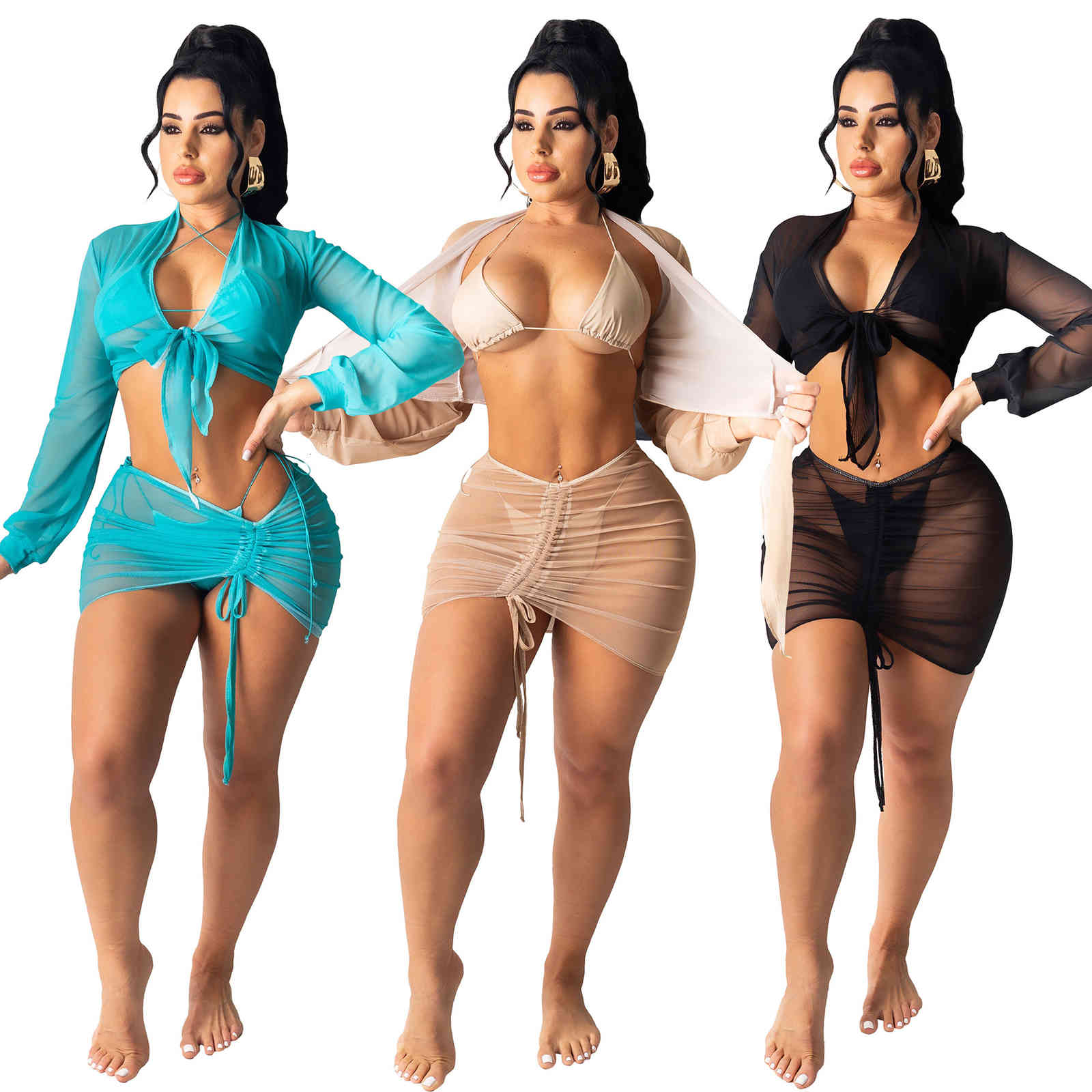 

Women's Olulin - Mesh Swimsuit, 2-piece Set, T-shirt and Miniskirt, Monochrome, Drape, 2021