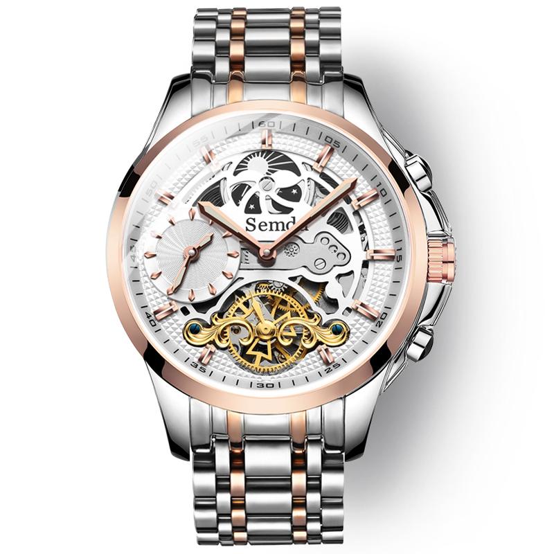 

Wristwatches Mens Watches Automatic Skeleton For Men MoonPhase Dual Time 5ATM Waterproof Stainless Steel Strap Mechanical, Sliver