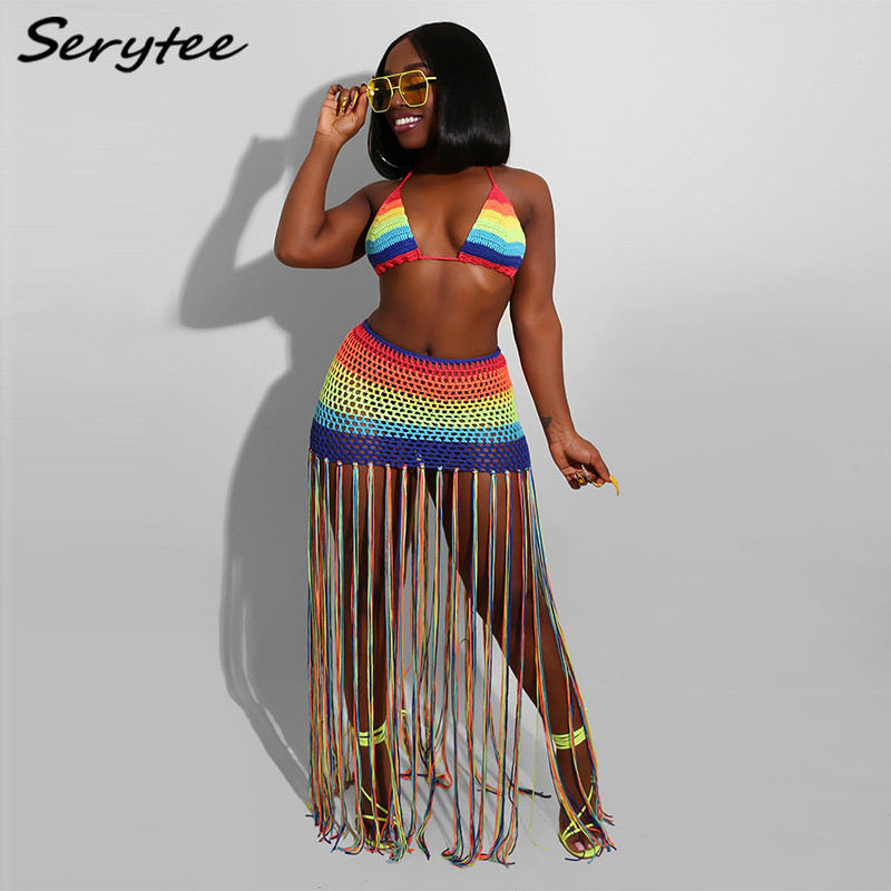 

Serytee Dress Women Corset Knit Beach Two Piece Set Skirt 2021 Summer Striped Halter Crop Top And Long Tassel Skirts Boho Outfit Sets, Rainbow