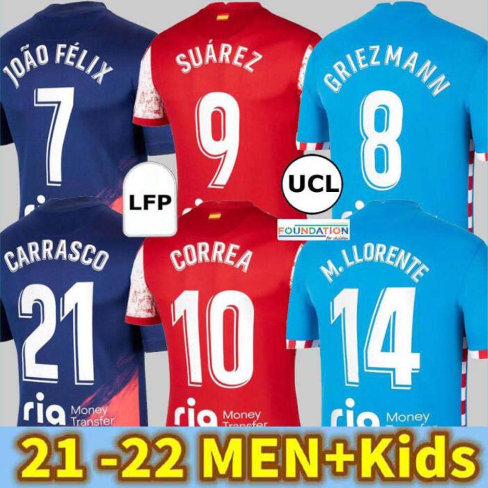 

21 22 Griezmann Atletico Madrid Soccer Jerseys SUAREZ JOÃO FÉLIX 2021 2022 M. Llorente CORREA KOKE Soccer Jerseys LEMAR CARRASCO men kids kit Football Shirts tops 3rd, 21/22 home+ucl