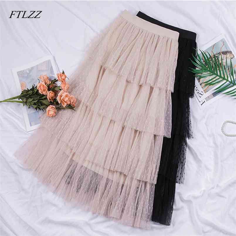 

FTLZZ Women Sweet Ruffle Tulle Skirt High Waist Elegant Vintage Pleated ins s Candy Cakee Layered Maxi Long 210708, Khaki