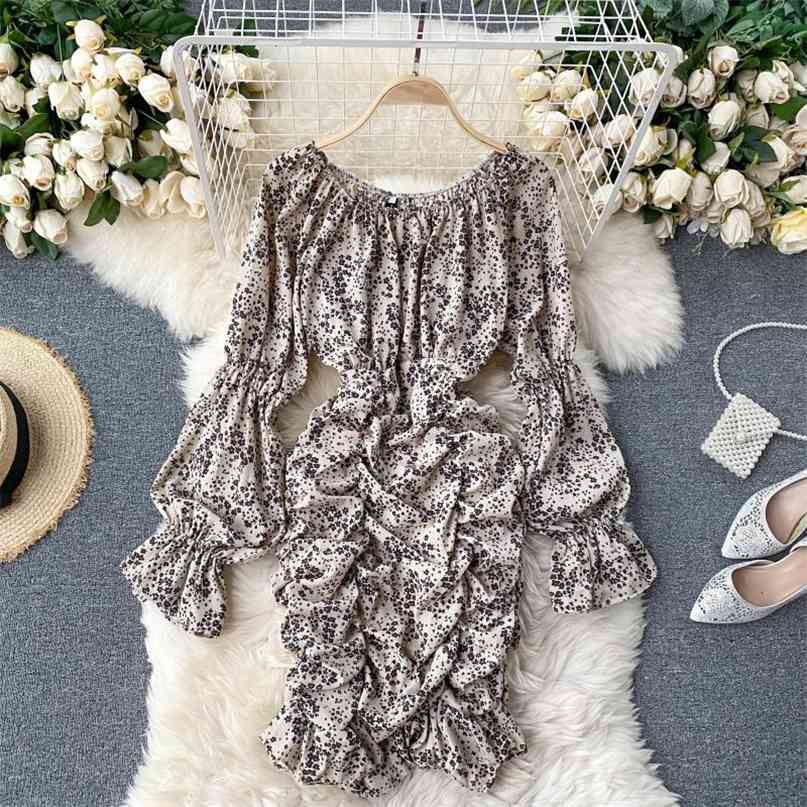 

Women Spring Autumn Dress Small Floral Print Long Lantern Sleeve Slash Neck Draped Mini Clubwear Party Dresses Street Vestidos 210603, Black