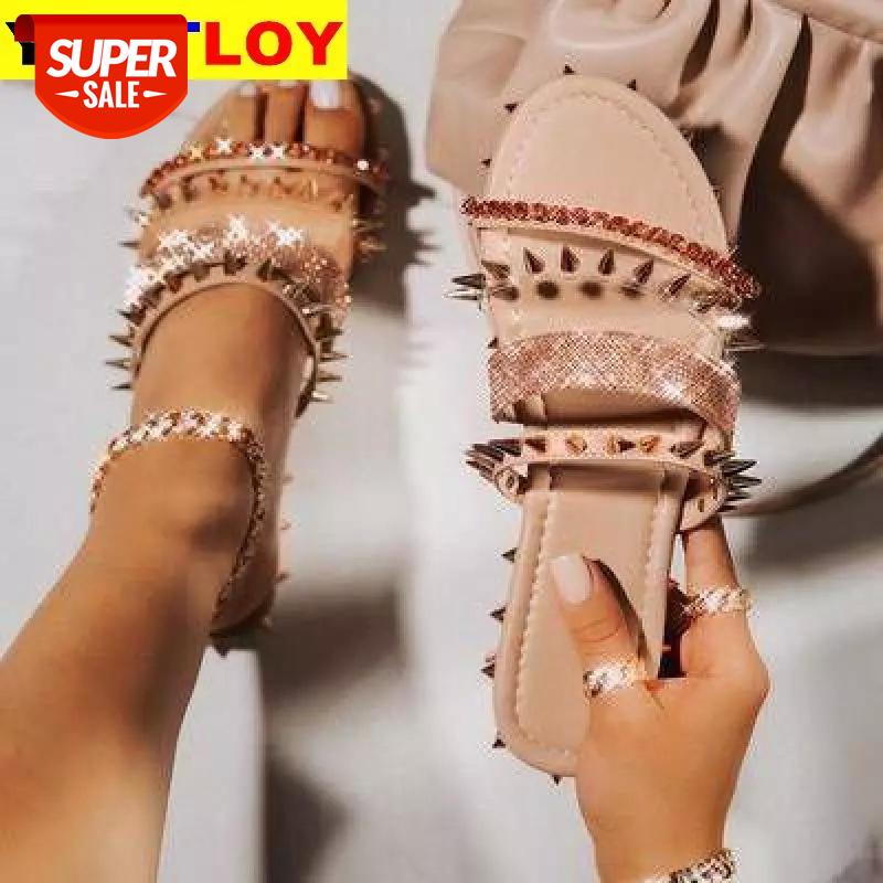 

Summer Women's Rivet Slippers Flats Slides Open Toe Rhinestone Ladies Crystal Sandals Women Shoes Casual Fashion Female New 2020 #yd85, Black