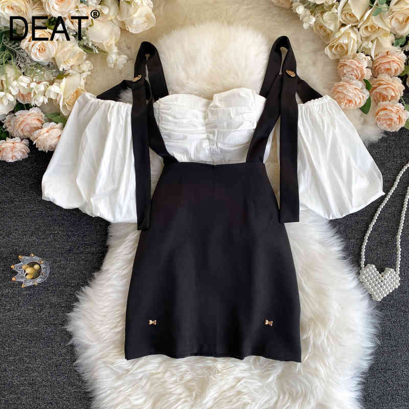 

Women Black Strap Skirt Arrivals Slash Neck Pleated Puff Sleeve Short Two Piece Set Fashion Spring Summer 11D001 210525