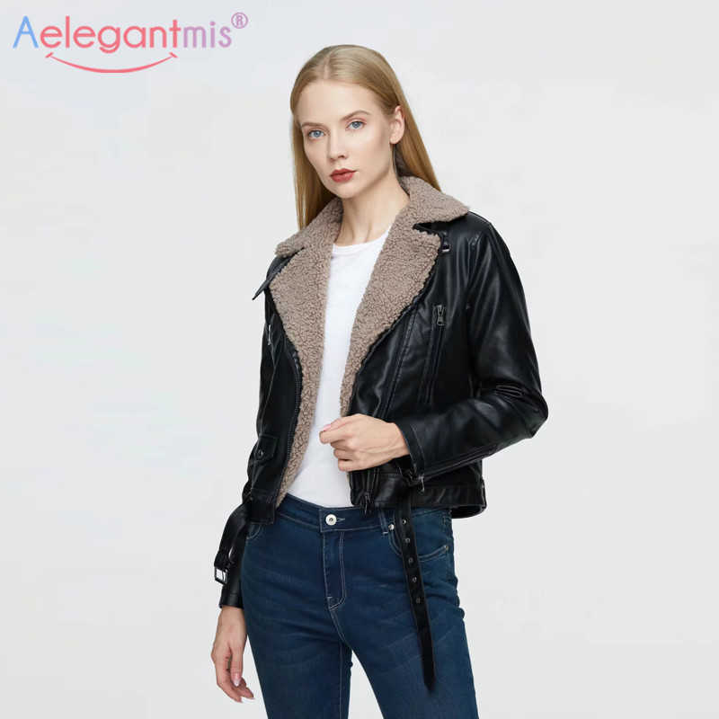 

Aelegantmis Winter Faux Fur Leather Jacket Women Coat Thicken Warm Outerwear Female Cool Belt Plush Sherpa 210607, Brown