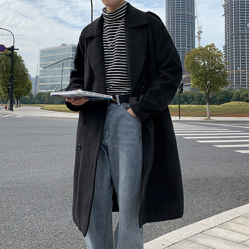 

2021 New Long Men's Fashion Casual Black Oversized Men Loose Korean Style Woolen Coat Mens Overcoat Syq5