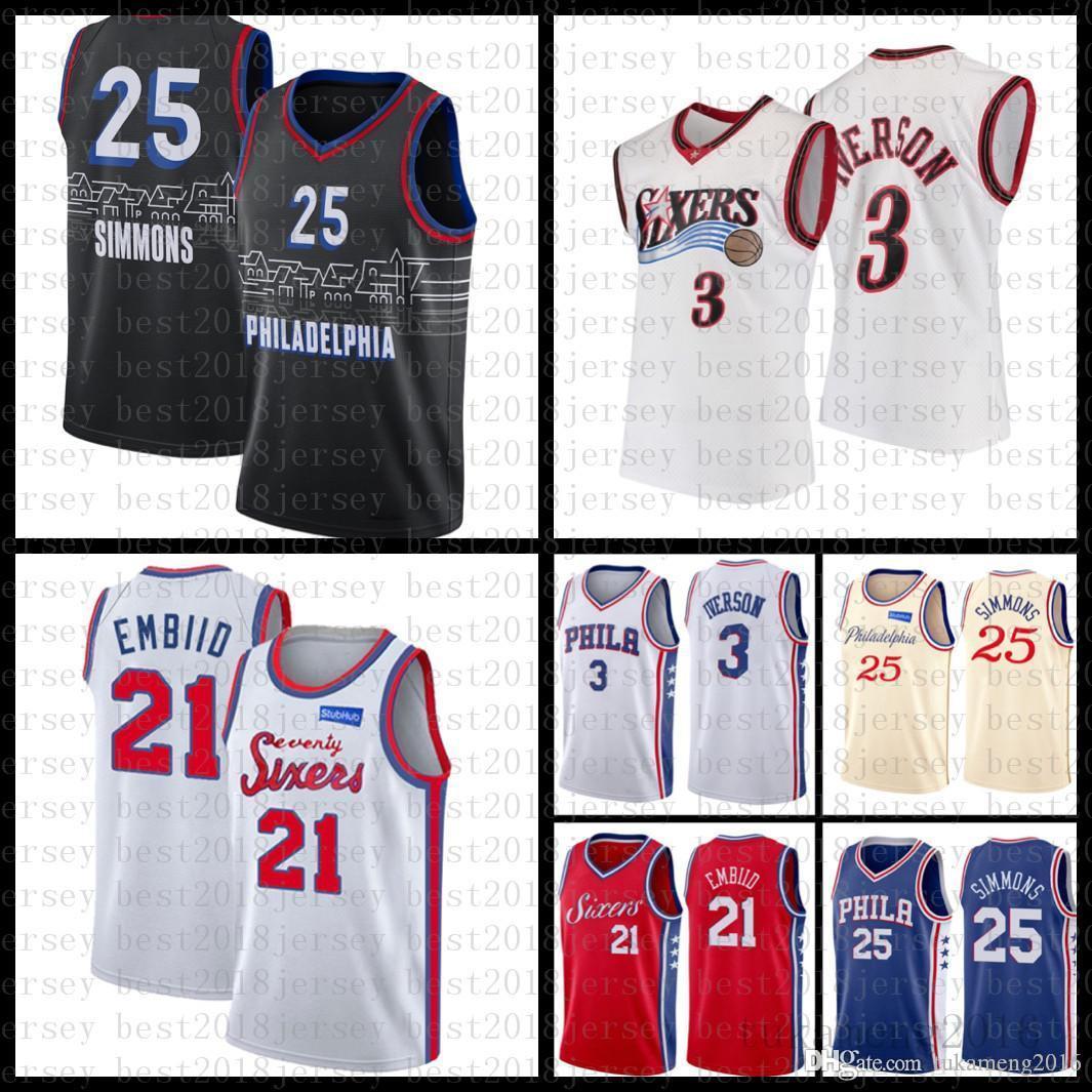

2021 New Basketball Jersey Mens Philadelphia 76er jerseys Allen 3 Iverson Mesh Retro Joel 21 Embiid Ben 25 Simmons Julius 6 Erving, Black;red