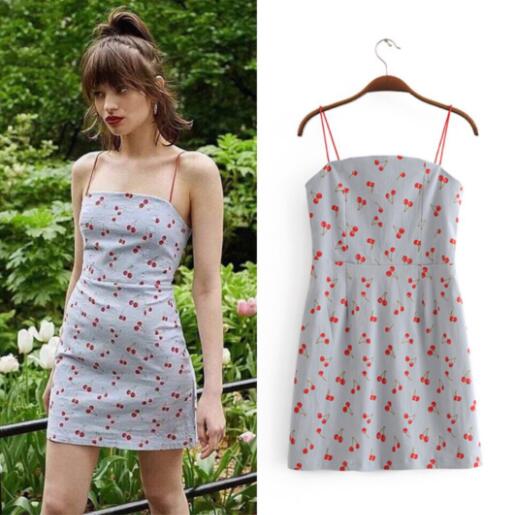 Robe pour femmes NOUVEAU EXTRAITE CERISIER IMPRESSION DE CERISIÈRE SANCHE SLING SLING ROBE SLIM Jupe courte 2022 # M9-0046