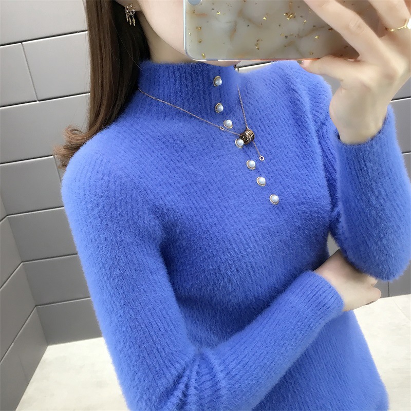 

Autumn/Winter Korean Style Knitted Sweaters For Women Sexy Slim-Cut Semi-Turtleneck Beaded Decor Knitwear Womens Imitated Mink, White;black