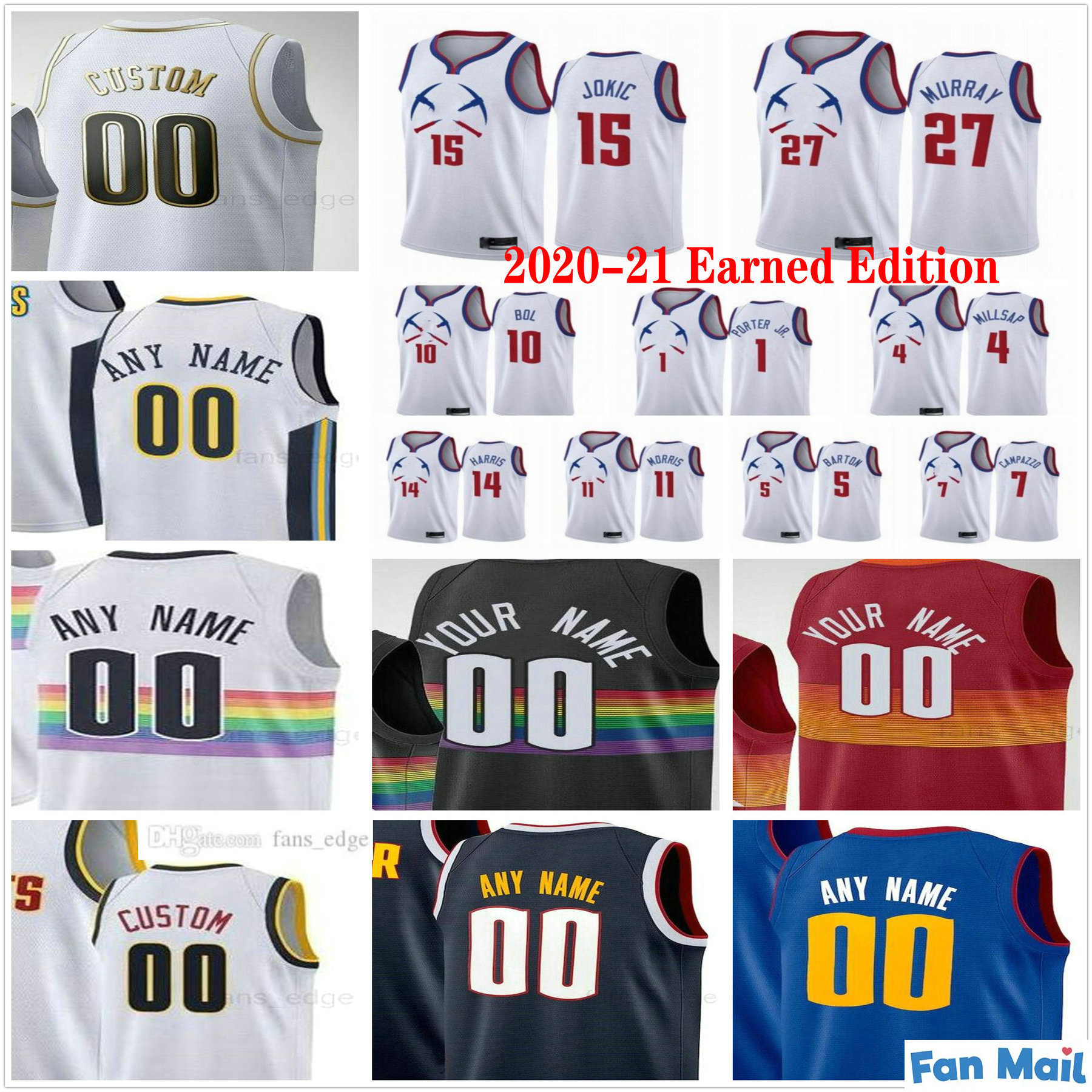 

2020-21 Earned Edition Custom Printed Denver 15 Jokic Jamal 27 Murray Nuggets Nikola 1 Porter Jr. Facundo 7 Campazzo Men Women Kids Youth Jerseys, Black;red