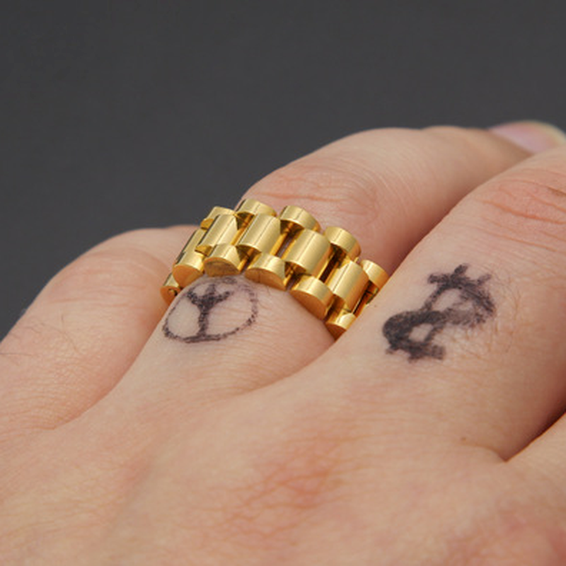 

Luxury 24K Gold Plated Men Watchband Rings Stainless Steel Golden Link Ring Hip Hop