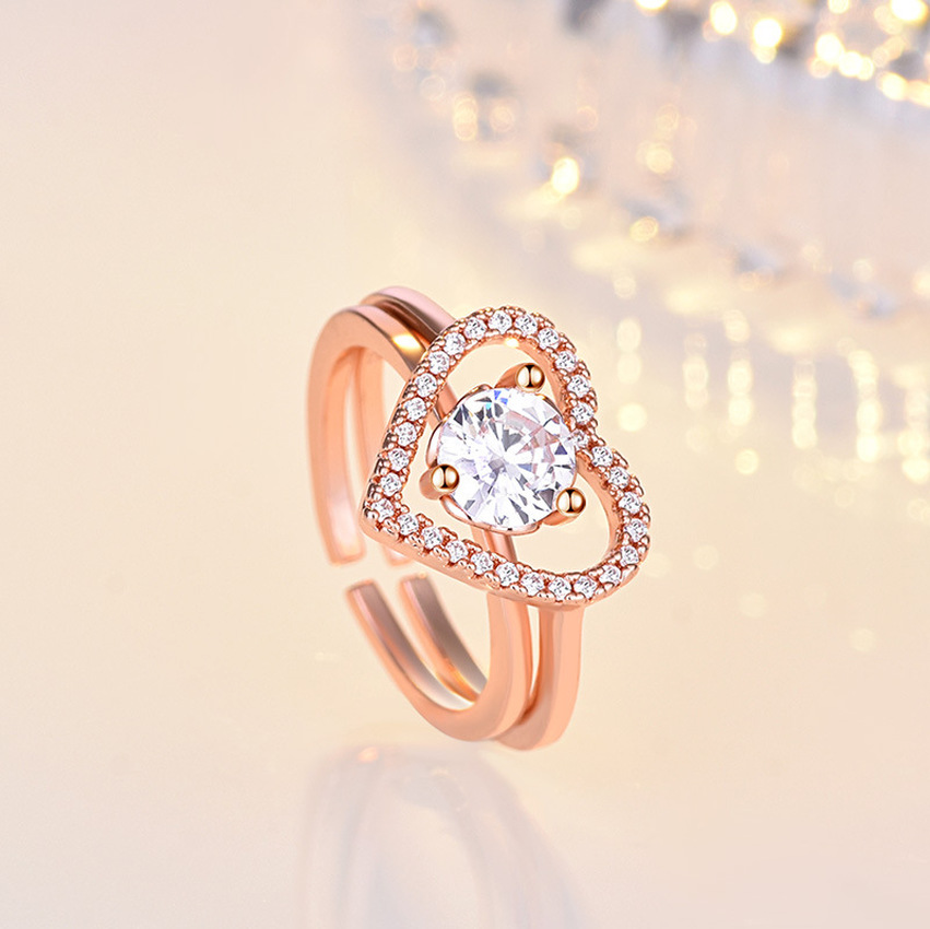 

Rose gold 2in1 Cubic Zirconia Ring Band Combination Splicing Open Adjustable Hollow Heart Rings Stacking Women Girls engagement wed Fashion Jewelry Will and Sandy