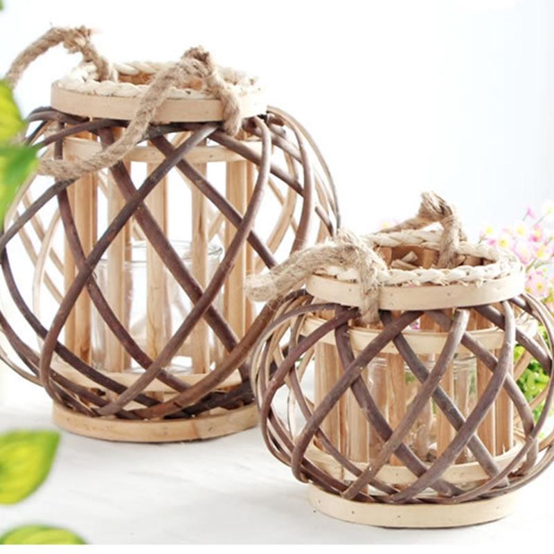 

Retro Hand-woven Twine Wicker Lantern Tealight Holder Vintage Wooden Hanging Candlestick Windproof Round Crafts Decor