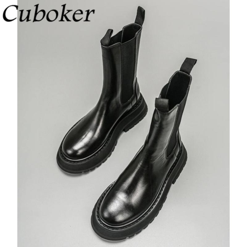 

Boots Gennuine Leather Mid-calf Women Shoes Slip On Platform Female Luxxury Botines Designer 2021 Knight Femme, Black