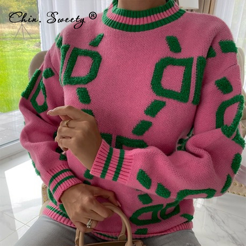 

Knitted Print Womens Loose Sweater Pullovers 2022G Winter New Long Sleeve Mock-neck Patchwork Knitwear Ladies Casual Lady Jumpe, Green
