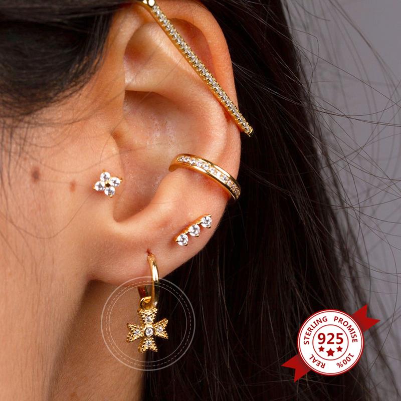 

Hoop & Huggie 925 Sterling Silver Earrings For Women Small Girl Ear Bone Pierced Retro Delicate Flower Pendant