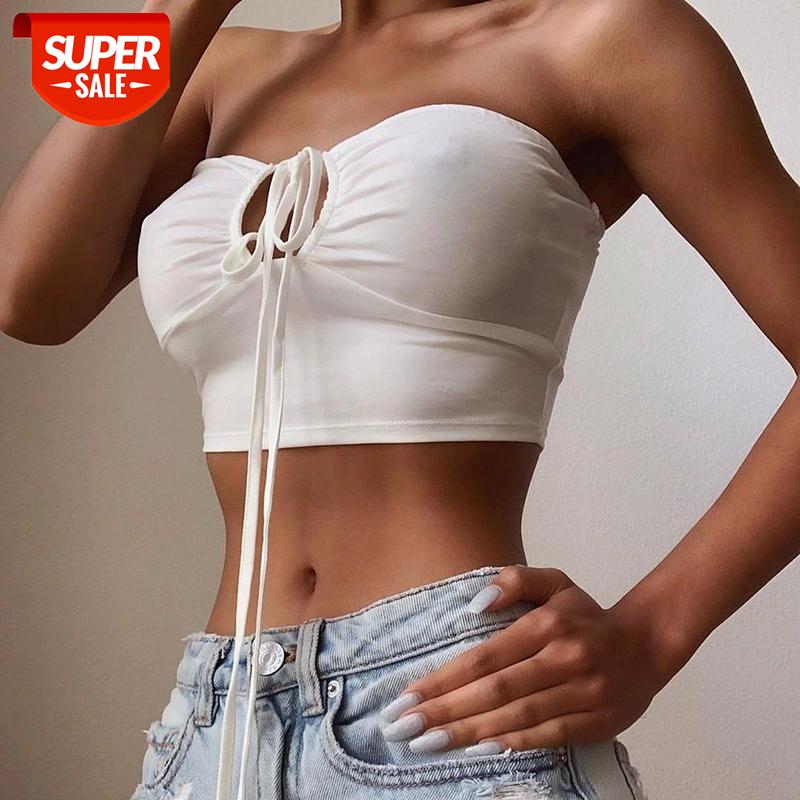 

2020 Cut-Out Sexy Backless Tip Up Halter Crop Tops for Women Fashion Sleeveless Strapless Tank Top Slim Short Vest #KF0f, White